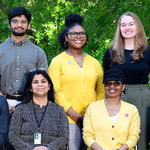 From left to right, standing, Dhruv Ranganath, Faith Dee, Isabella Russ; seated, Suchandra Bhattacharjee, Ph.D., Office of Science Education & Outreach Director Ericka Reid, Ph.D.,